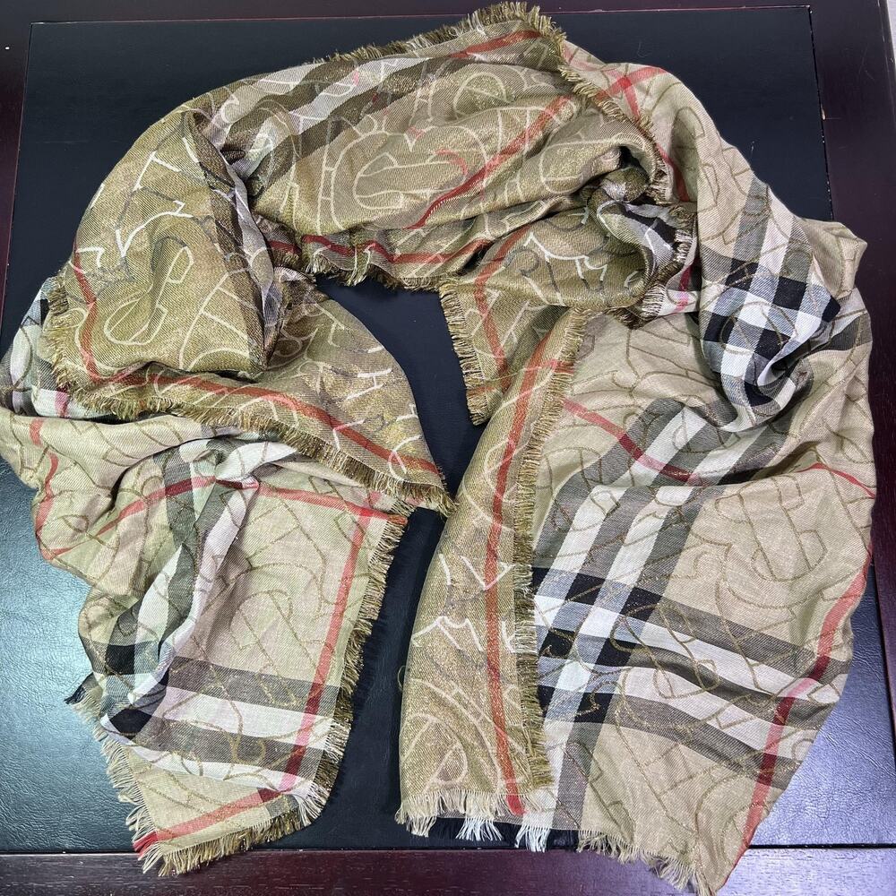 Burberry Scarf Womens One Size Beige Plaid Logo Monogram Fringe Wrap Check
